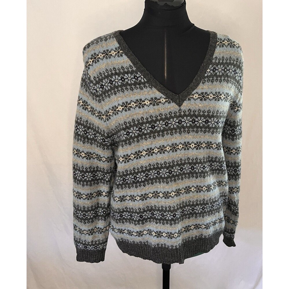 Frost 100% Lambswool Fair Isle Sweater Gray Nordic V-Neck Cozy Winter medium